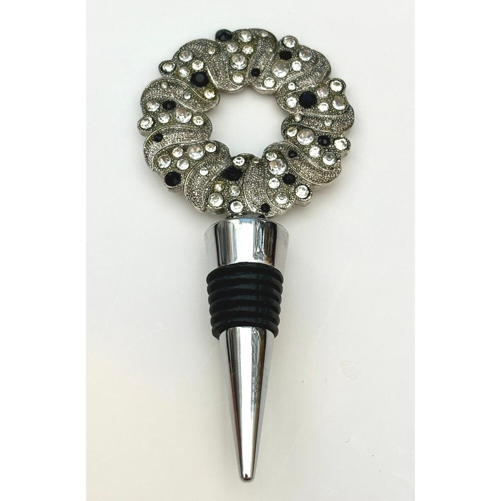 Decorative Jeweled Silver Tone Wine Bottle Stopper Rhinestone Wreath Halo Top
